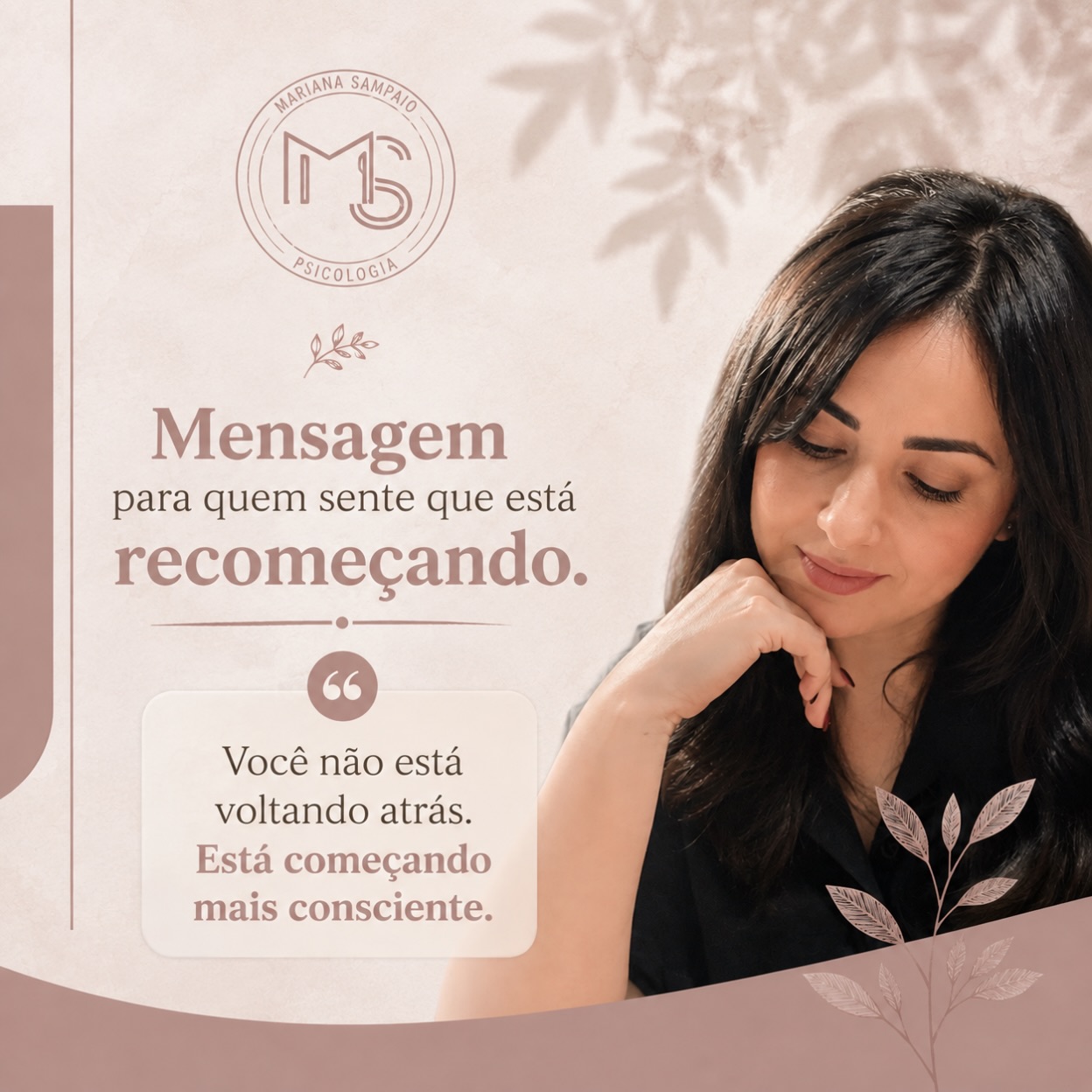 Mariana Sampaio em sua publicação sobre recomeços, com a identidade rosada e o monograma da marca
